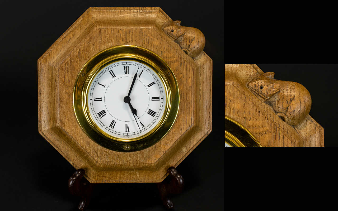 Robert Thompson of Kilburn 'Mouseman' oak octagonal wall clock with signature mouse to top, 7.
