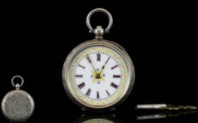 Swiss 1920's Ladies Silver Open Faced Fob Watch With fancy and ornate porcelain dial and gold