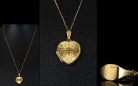9ct Gold Heart Shaped Locket with Attached 9ct Gold Chain and Small 9ct Gold Ring Attached.