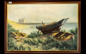 A Allan, Oil On Canvas, Coastal Landscape With Fishing Boats, 24 x 36 inches