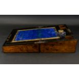 Antique Writing Slope hinged wooden box with geometric parquetry banding, mother of pearl escuteon.