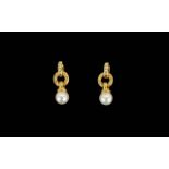 Ladies Attractive Pair of 18ct Gold, Diamond Set Earrings with Pearl Drops.