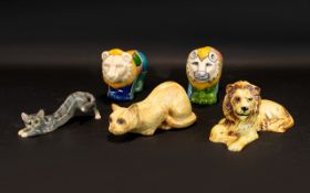 A Collection Of Ceramic Art Pottery Feline Figures Five in total, each in good condition,