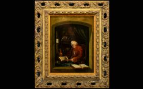 Unsigned 19th Century Portrait, a man dressed in 18th century attire, studying a picture book,