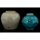 Antique Oriental Bulbous Vases One With Straw Glaze Height 5 Inches.