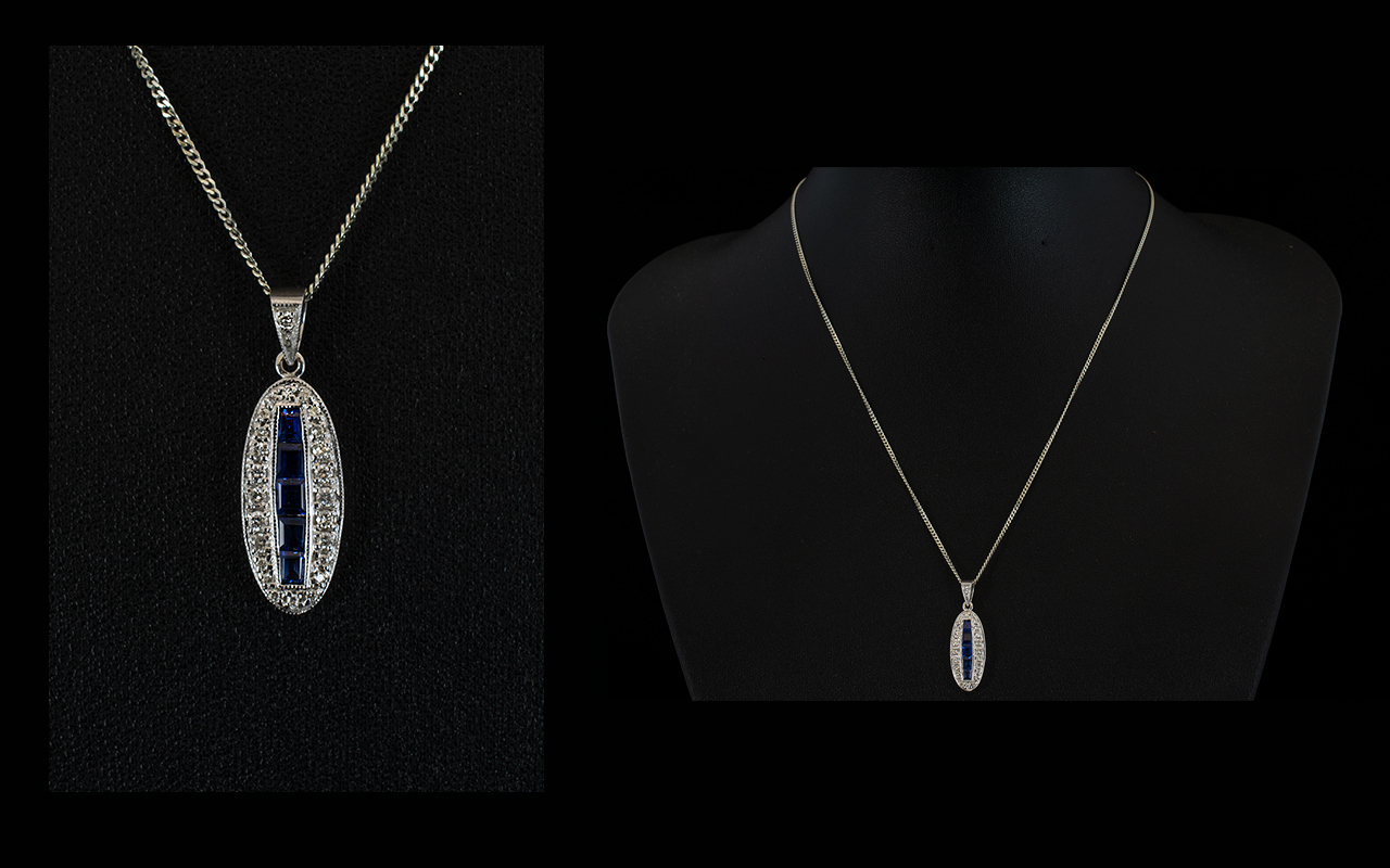 18ct White Gold Oval Shaped Diamond and Sapphire Pendant Drop on Attached 18ct White Gold Chain, - Image 2 of 2