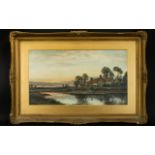 Early 20th Century Framed Print Depicting a rural landscape with river to foreground housed in