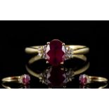 Ladies - Attractive 9ct Gold Single Stone Faceted Ruby Dress Ring, Set with Diamond Shoulders,