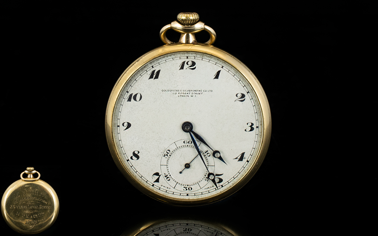 Goldsmith and Silversmiths 1950's Slim Fold 9ct Gold Open Faced Pocket Watch of nice quality with