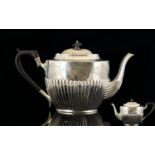 Victorian Period Good Quality Solid Silver Ornate Teapot - Classic Shape with Half Fluted Body Which