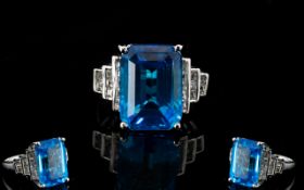 Large Swiss Blue Topaz and White Topaz Statement Ring,