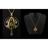 Art Nouveau 9ct Gold Pendant. c.1900, Set with Peridot, Seed Pearl and Diamonds.