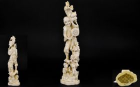 Japanese Impressive And Tall Carved Ivory Okimono Figure Group With Mythical/ Folk Tale Theme. Meiji