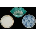 Three Oriental Bowls Decorated In Underglaze Blues. As Found.