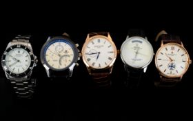 Five Gents Fashion Wristwatches - Some With Leather Straps, All Stainless Steel Backs.