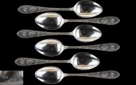 Edwardian Period Silver Set of Six Teaspoons with Ornate Stems. Hallmark Chester 1907 - Please See