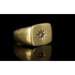 Gentleman's 9ct Gold Diamond Set Signet Ring, The Single Stone Diamond Set In a Starburst Design,