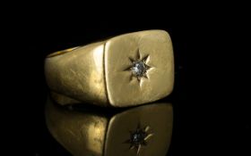 Gentleman's 9ct Gold Diamond Set Signet Ring, The Single Stone Diamond Set In a Starburst Design,