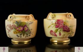 Royal Worcester Pair of Fine Blush Ivory Hand Decorated 4 Handled Small Vases.