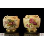 Royal Worcester Pair of Fine Blush Ivory Hand Decorated 4 Handled Small Vases.