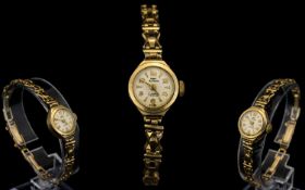Technos -17 Jewels Incabloc Manual Wind Ladies 9ct Gold Bracelet Watch, Both Watch Case and Bracelet