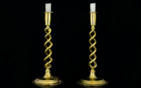 Victorian Period - Attractive Pair of Fine Brass Barley Twist Column Candlesticks on Circular