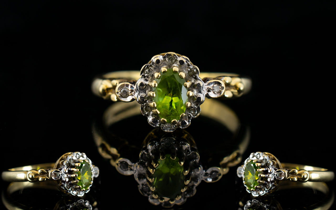 Ladies - Fancy Shank 9ct Gold Peridot and Diamond Set Dress Ring. Fully Hallmarked.