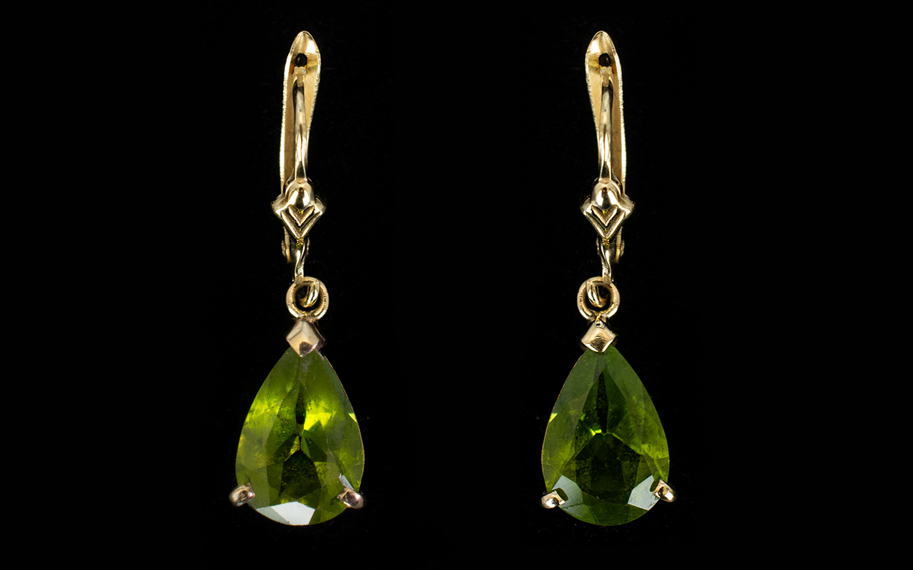 Nice Quality Pair of 9ct Gold Peridot Pear Shaped Earrings, - Image 2 of 2