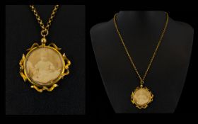 Edwardian Period 9ct Gold Ornate Circular Double Sided Open Faced Locket and Attached 9ct Gold