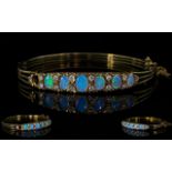 Antique Style - 9ct Gold Very Attractive Opal and Diamond Set Hinged Bangle with Attached 9ct Gold