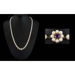 Mikimoto Fine Quality Single Strand Graduated Pearl Necklace with 9ct Gold Clasp set with Amethyst