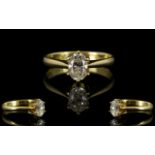 18ct Gold - Oval Cut Single Stone Set Diamond Ring, Marked 750-18ct. Top Quality Diamond.