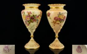 Royal Worcester Fine Pair of Quality Hand Painted Blush Ivory Eagle Clawed Pedestal Vases of Very