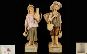 Royal Dux Bohemia Fine Pair of Hand Painted Porcelain Figurines - Depicts Male Seller of Baskets