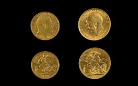 George V Full 22ct Sovereign Date 1912 London Mint + Edward VII Half 22ct Gold Sovereign.