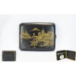 Japanese Damascene Cigarette Case, Gilt Decoration Showing Pagodas, Mount Fuji. Worn In Places,