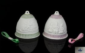 Lladro Christmas Bells. Two bells dated 1987 and 1988, boxed and in mint condition with paperwork.