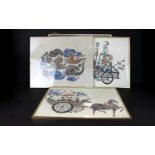 A Collection Of Decorative Oriental Prints And Batiks Six framed examples to include inkwash Tiger