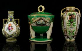A Vintage Noritake Ceramic Lidded Condiments Jar And Twin Handle Miniature Vase Circa 1930's raised