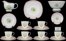 Susie Cooper ( 20 ) Piece Bone China Tea Service. Floral Pattern on Pink and White Ground - Please