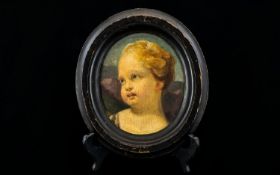 18thC Painting On Oval Panel, Depicting A Cherubs Head, Pencil Inscriptions To Verso No 10 F
