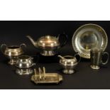 A Collection Of Plated Items Seven pieces in total to include pierced border footed bowl, teapot,