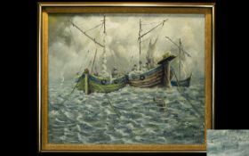 Original Oil On Canvas Depicting a seascape with two anchored boats. Signed to bottom left, Carl