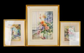 Penny Ward, Three Framed And Glazed Watercolours, 2 Floral Still Life's And A Garden Setting,