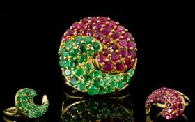 Emerald and Ruby Two Piece Ring, two paisley shape rings, one pave set with emeralds,