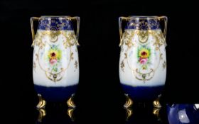 Noritake - Fine Quality Pair of Hand Painted and Decorated Twin Handle Porcelain Vases, The