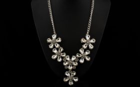 Austrian White Crystal Floral Pendant Necklace, brilliant, clear,