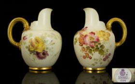 Royal Worcester Blush Ivory Pair of Small Helmet Shaped Jugs Decorated with Painted Images of