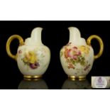 Royal Worcester Blush Ivory Pair of Small Helmet Shaped Jugs Decorated with Painted Images of