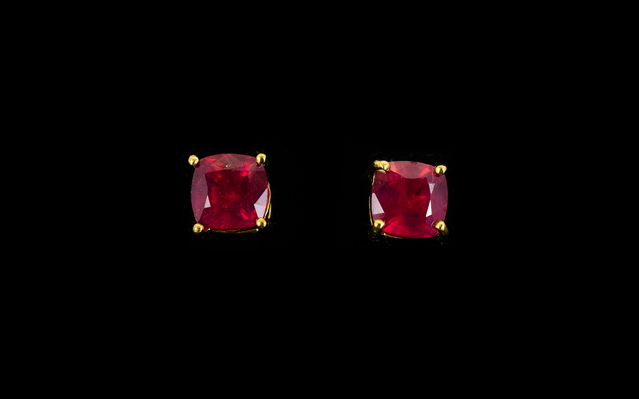 Ruby Pair of Square Cushion Cut Stud Ear